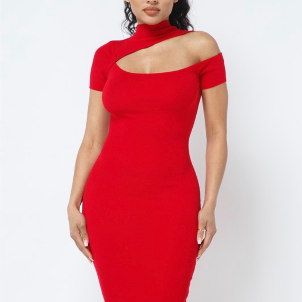 Red ribbed cut out dress